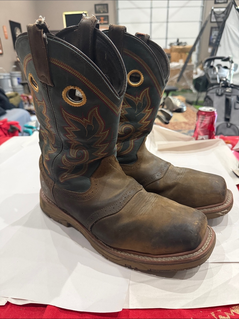 Double H Brown and green Leather Pull-On Western Work Boots